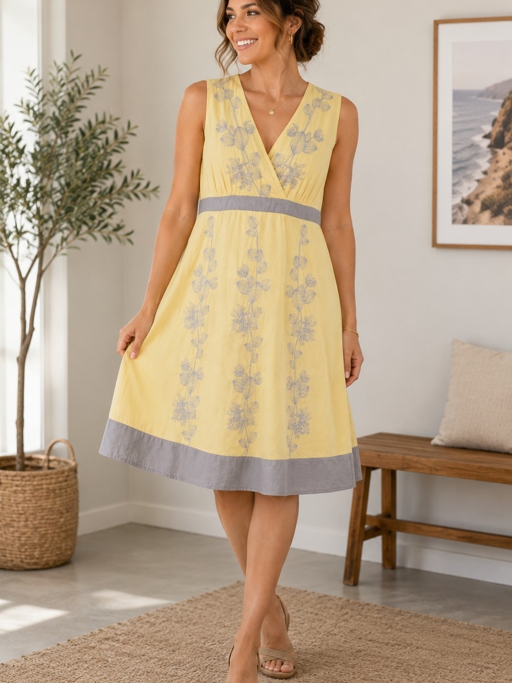 JH Collectibles Yellow Embroidered Floral Cotton Sleeveless Midi Dress Size 6
